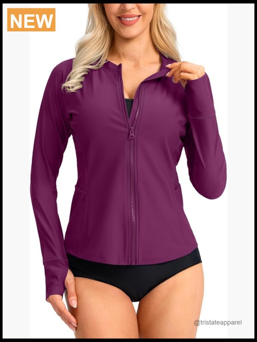 UPF50+ Long Sleeve Zip Front Rash Guard Swimsuit Top with Pockets